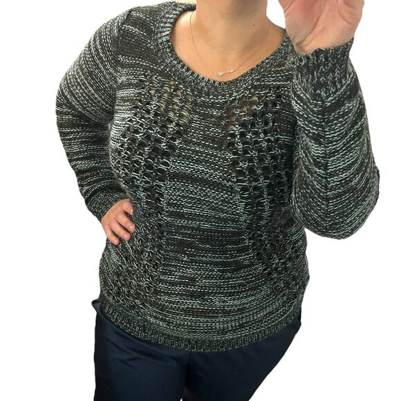 Olive & Oak SMALL Marled Varied Texture Loose Open Knit Panel Crew Neck Sweater - Picture 2 of 8